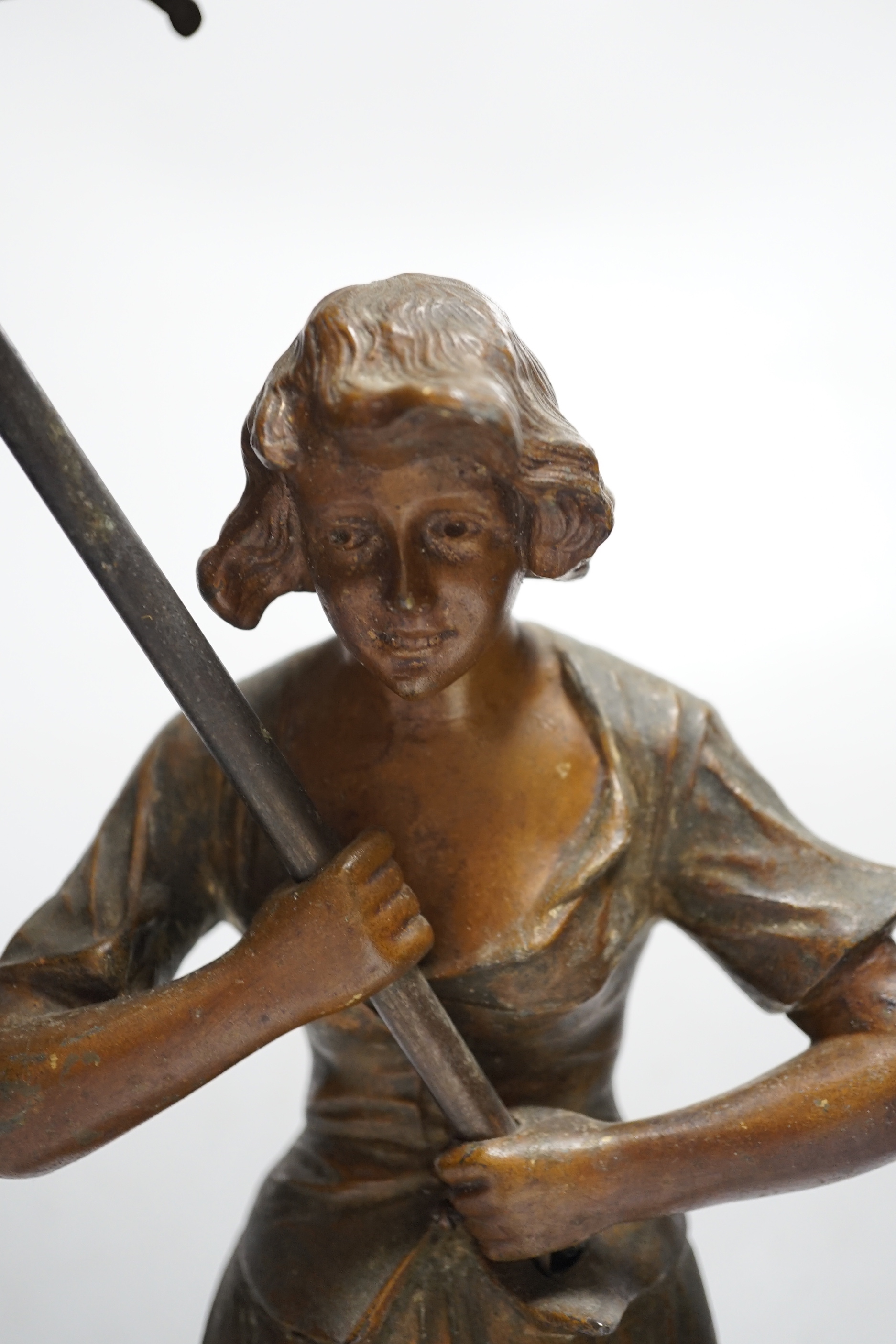 A spelter Art Nouveau-style figural table lamp, lady with an umbrella, 46cm high